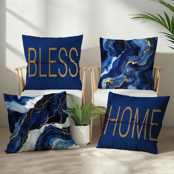 4pcs Simple Daily Home Blue Marble Pattern Pillow Cover Set, Single-Sided Printed Peach Velvet Material, 45*45/50*50/40*40CM Cushion Cover For Modern Fabric Sofa Indoor Decor, Party Decoration, Gift